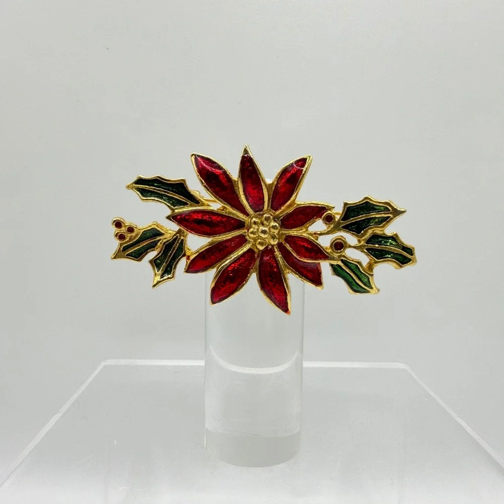 Vintage Christmas Poinsettia Brooch Red Green Enamel Gold Tone Holiday Pin 2.5